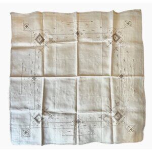 Madeira Linen Tablecloth With Embroidery Cutwork Pulled Thread Beige 33.5x32.75